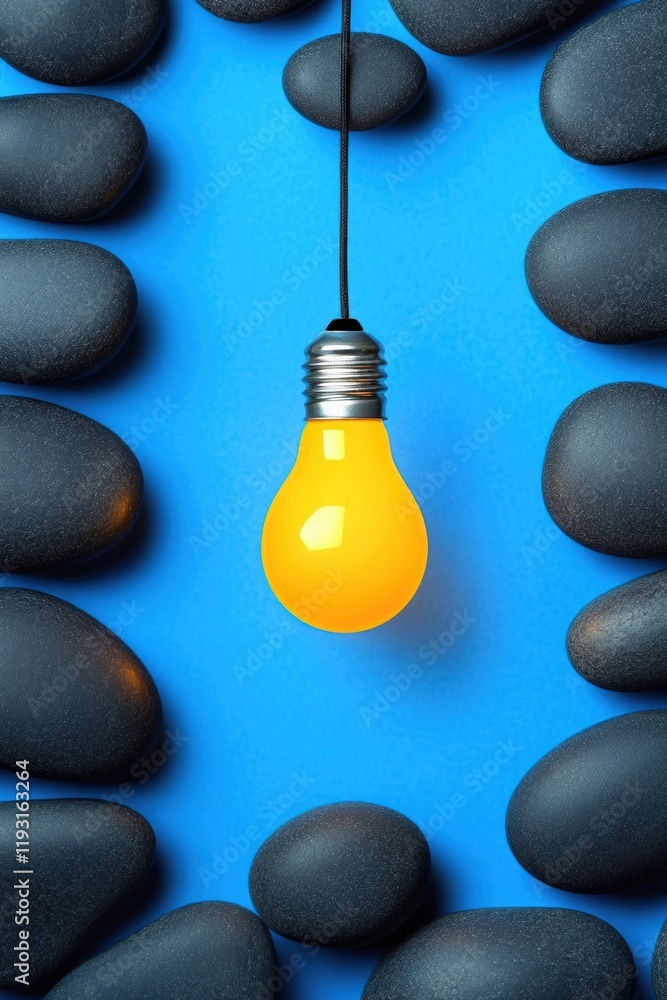 Wall mural A glowing yellow light bulb surrounded by smooth black stones on a vibrant blue background, symbolizing creativity.