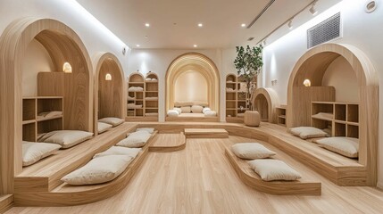A cozy minimalist room with curved wooden structures, soft pillows, and a warm atmosphere, creating a serene environment for relaxation and play.