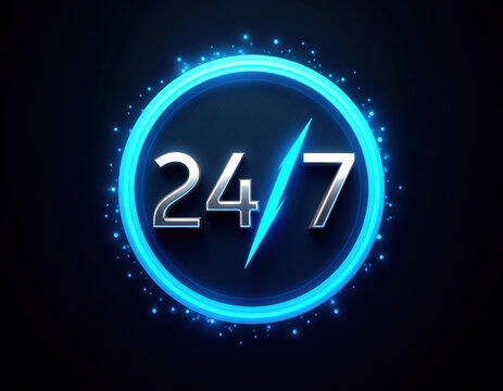 Glowing 24/7 icon with blue neon circular design for continuous service concept
