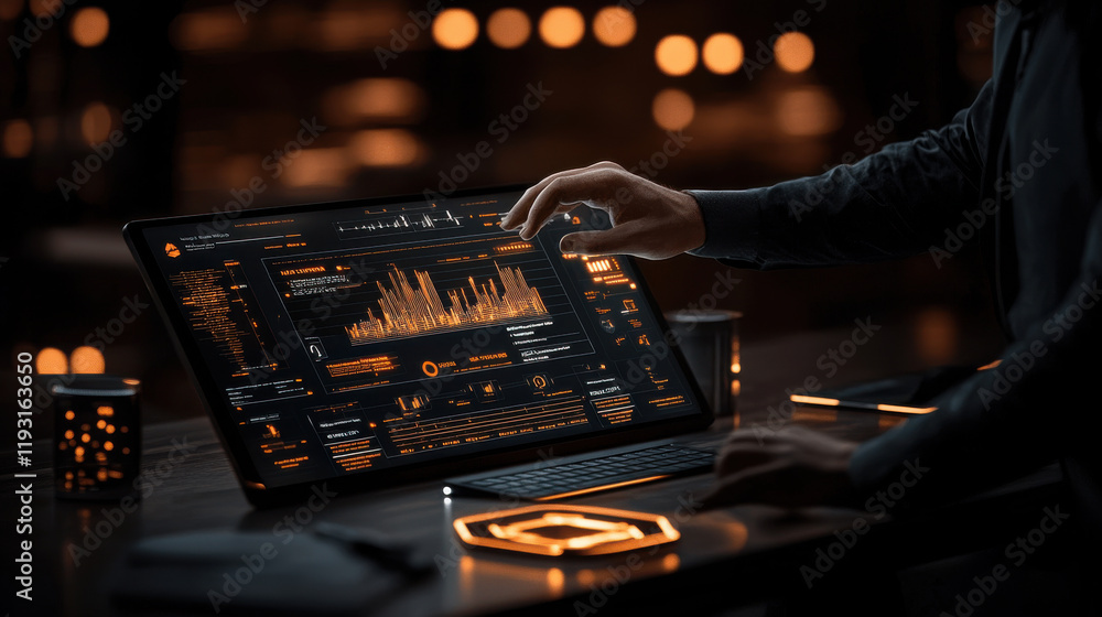 Poster person interacting with futuristic computer interface displaying glowing data visualizations in dark workspace. atmosphere is high tech and immersive