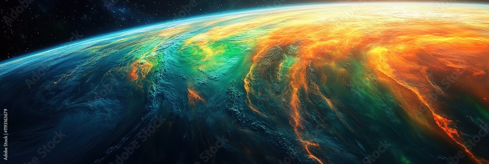Poster stunning view of earth's half illuminated surface from space with vibrant colors and dynamic pattern