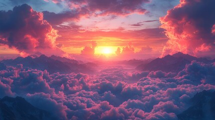 A dramatic mountain sunset with clouds catching the light, intense colours, scenic view