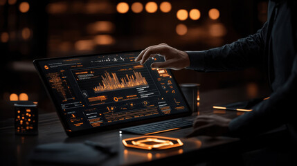 person interacting with futuristic computer interface displaying glowing data visualizations in dark workspace. atmosphere is high tech and immersive