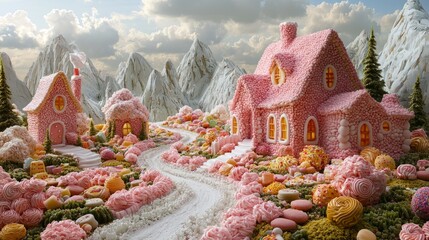 A fantasy landscape made entirely of sweets, imaginative and whimsical, fun and playful, vibrant colors, detailed and colorful