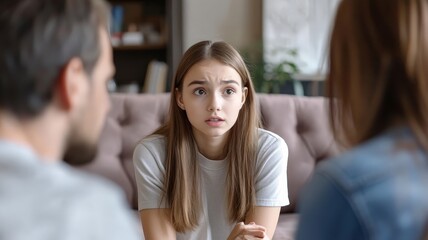 Teenage Girl Sharing Her Worries in an Emotional Family Conversation with Parents.