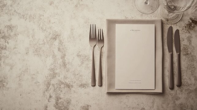 minimalistic dining setup featuring neutral-colored menu card and elegant cutlery on textured surface
