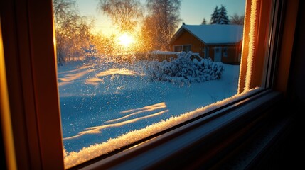Fototapeta premium A breathtaking view of a sunset casting its colors over a snowy landscape, framed by a frosted window, inviting thoughts of warmth and comfort during winter.