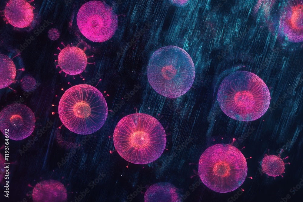Poster magnified view of colorful viruses showcasing intricate details in a scientific context. generative 