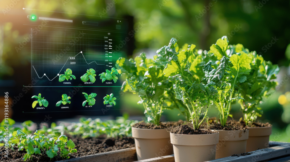 Poster growing plants with analytics displayed on computer screen, showcasing vegetable production data and