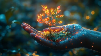 A green hand protecting a small tree, symbolizing the act of conservation, care for nature, bright light, vibrant colors