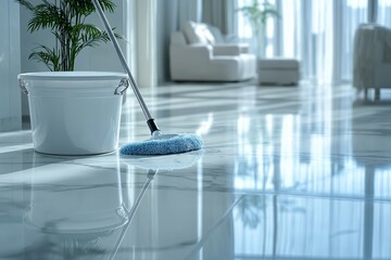 Reflective marble floor being cleaned with a mop in a bright setting
