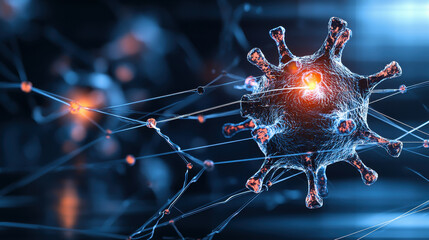 digital representation of computer virus spreading through network, showcasing intricate connections and glowing nodes. image evokes sense of urgency and complexity in cybersecurity