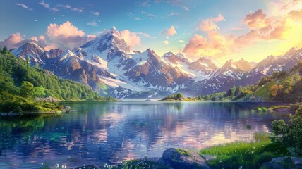 A serene landscape featuring majestic mountains, a tranquil lake, and vibrant skies, showcasing nature's beauty in a peaceful setting.