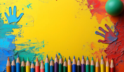 colorful children's background pencils paints for kindergarten graduation album