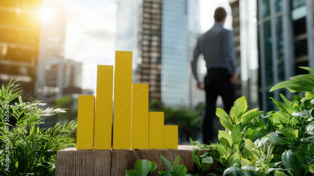 Fototapete data driven decision making is illustrated with yellow bar graphs in urban setting, symbolizing grow