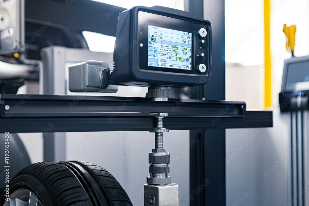 Poster modern alignment machine adjusting car wheels with digital display showing calibration readings