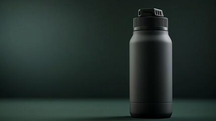 Sleek black insulated water bottle on a dark green background, showcasing modern design and functionality.