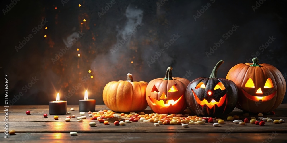 Poster spooky autumn scene with illuminated jack-o'-lanterns and candy