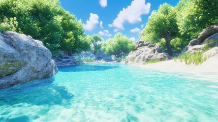 Fototapeta premium A serene tropical beach scene with clear turquoise water, lush green trees, and rocky formations under a bright blue sky.