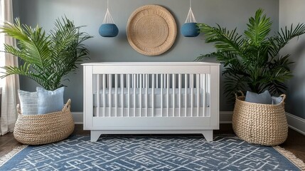 A beautifully styled nursery featuring a clean white crib, blue accents, and greenery. The calm decor promotes a serene atmosphere for kids.
