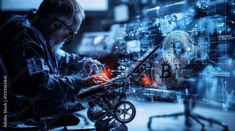 Aufkleber man working on laptop with cryptocurrency graphics, showcasing digital finance and technology. scene