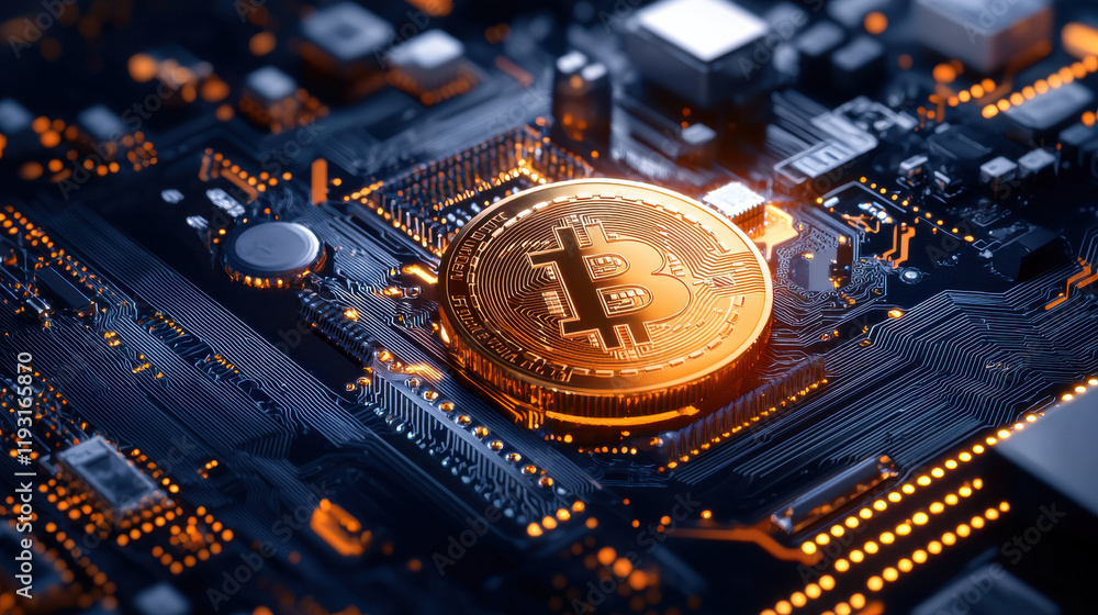 Poster digital representation of cryptocurrency with bitcoin symbol on circuit board, showcasing technology