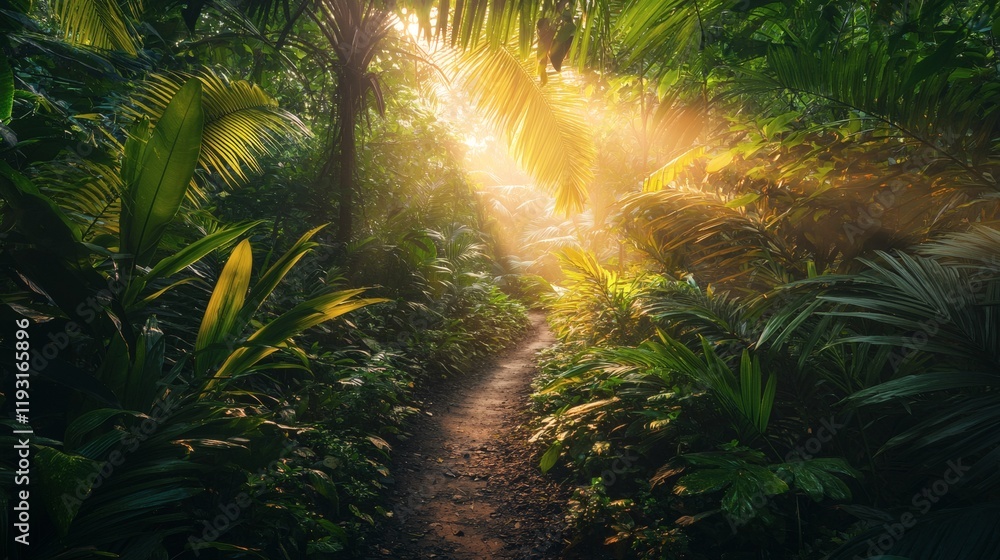Poster path winding through a lush tropical rainforest with sunlight filtering through trees tropical stock