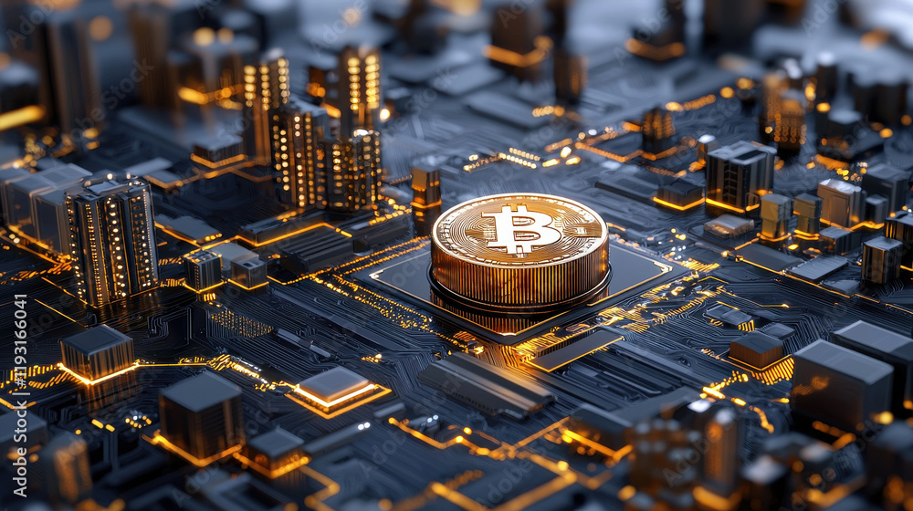Fototapete digital representation of cryptocurrency with Bitcoin coin on circuit board, symbolizing technology and finance. intricate design showcases urban elements and glowing lights