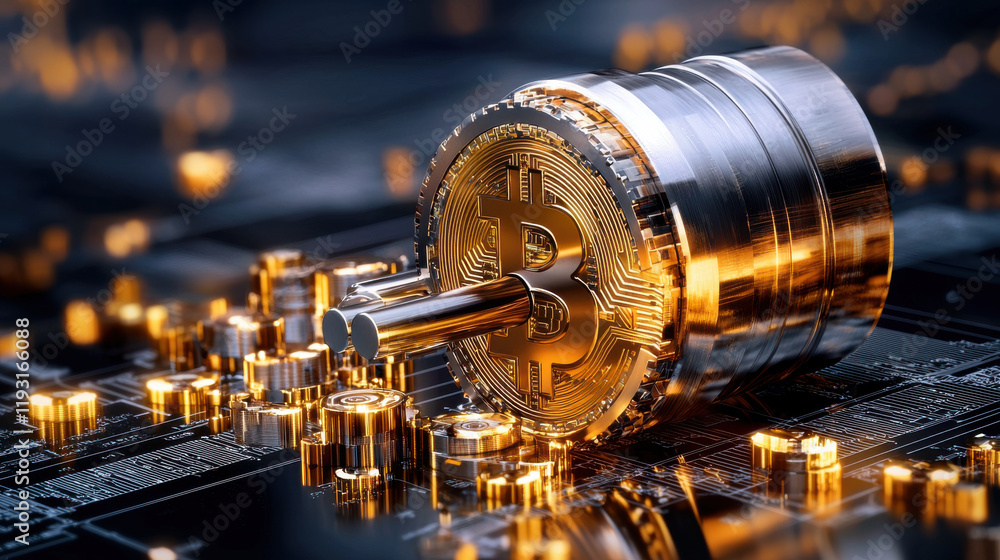 Leinwandbilder digital lock symbolizing security features in cryptocurrency, showcasing bitcoin symbol with metalli