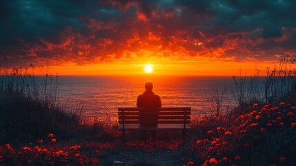 A lone person sitting on a bench watching the sunrise, contemplative moment, tranquil sunrise
