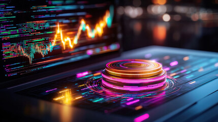 digital workspace showcasing big data analytics with vibrant graphs and colorful data visualizations. futuristic design emphasizes technology and innovation