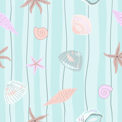 Marine print, shells, sand, pearls, scallop, coastal nature seamless pattern, ocean waves, underwater world. Vector illustration, pastel colors.