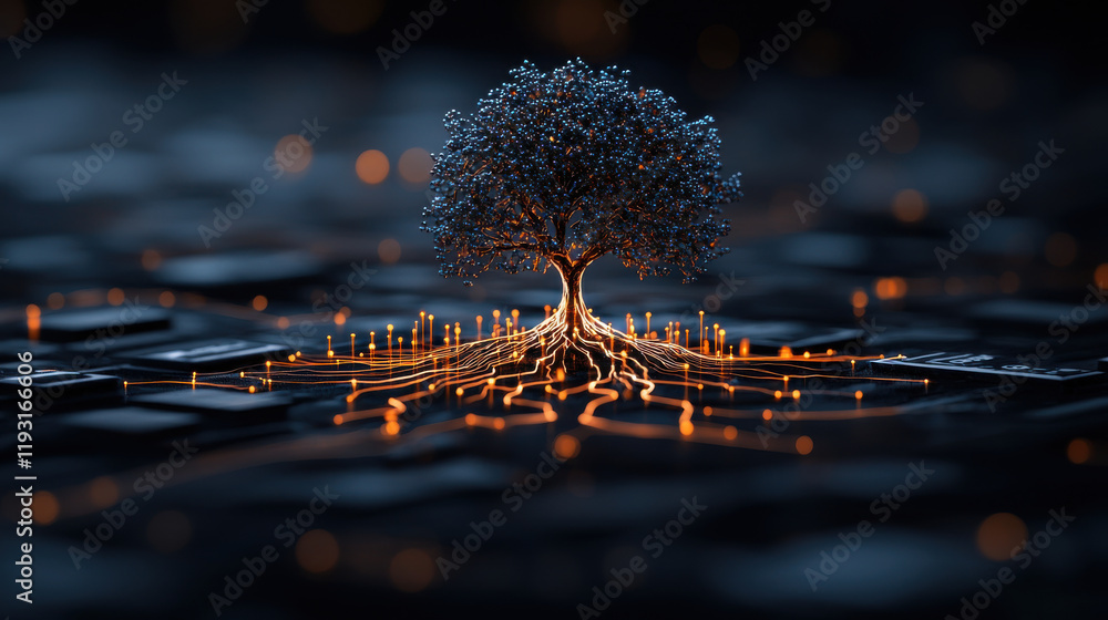 Aufkleber conceptual illustration of glowing innovation tree with roots resembling circuits, symbolizing technology and growth in digital landscape