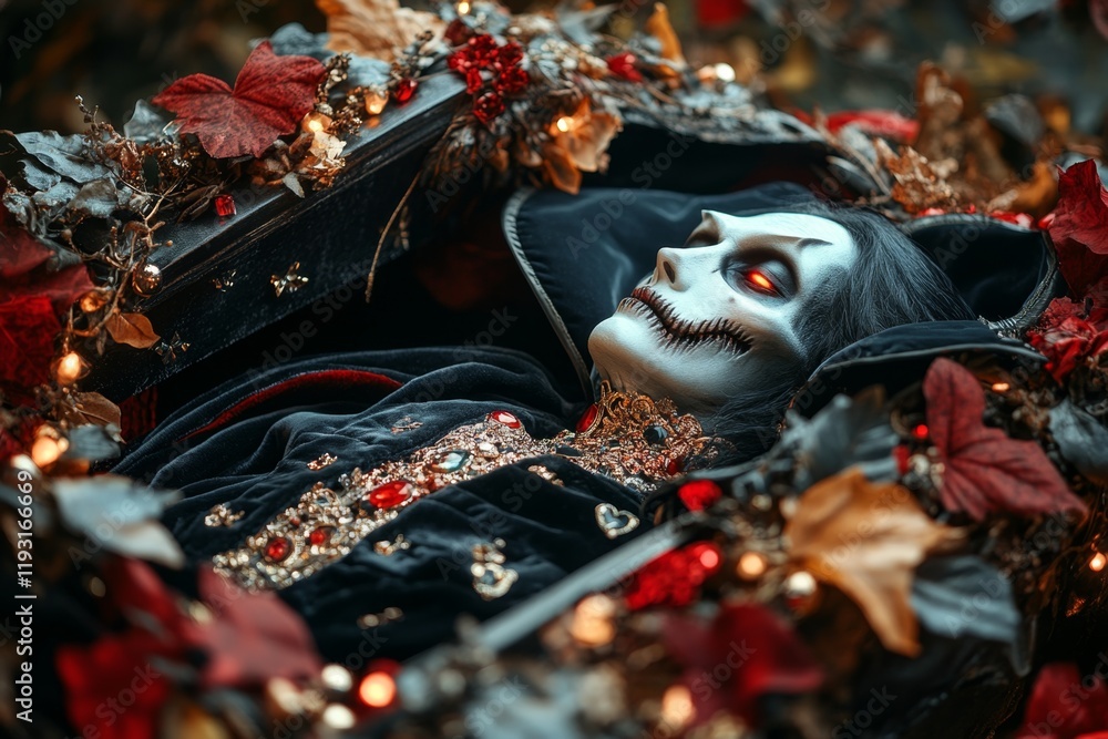 Poster a vampire resting in a coffin adorned with velvet and jewels, with rays of light faintly seeping thr