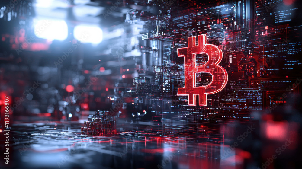 Fototapete conceptual image of cryptocurrency symbol emerging from digital background, showcasing technology an