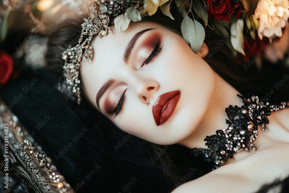 Poster a vampire resting in a coffin adorned with velvet and jewels, with rays of light faintly seeping thr
