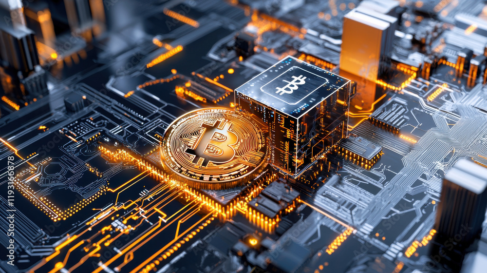 Leinwandbilder conceptual image of bitcoin symbol on circuit board, representing digital currency and technology. g