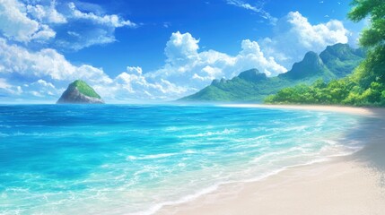 Fototapeta premium Vibrant tropical beach scene with turquoise waters, a sandy shore, lush greenery, and majestic mountains under a bright blue sky.