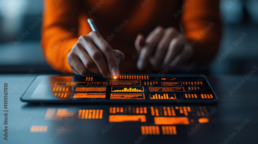 Poster person using tablet to develop business strategy with digital data visualization. glowing orange graphics represent analytics and insights