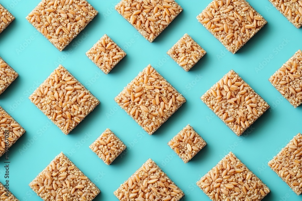 Poster modern minimalist layout featuring individual grains of farro and quinoa arranged in geometric patte