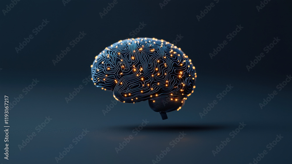 Poster conceptual image of glowing human brain made of intricate circuits, symbolizing advanced technology and intelligence. brain appears to float against dark background, evoking sense of innovation
