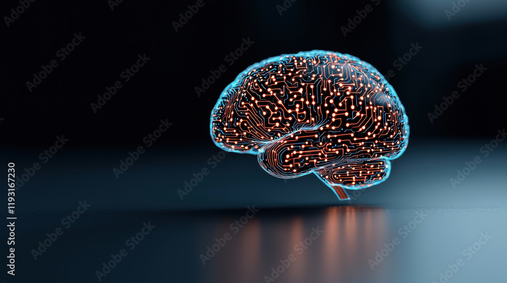Poster conceptual image of glowing human brain made of intricate circuits, symbolizing advanced technology and artificial intelligence. brain is illuminated against dark background, showcasing its