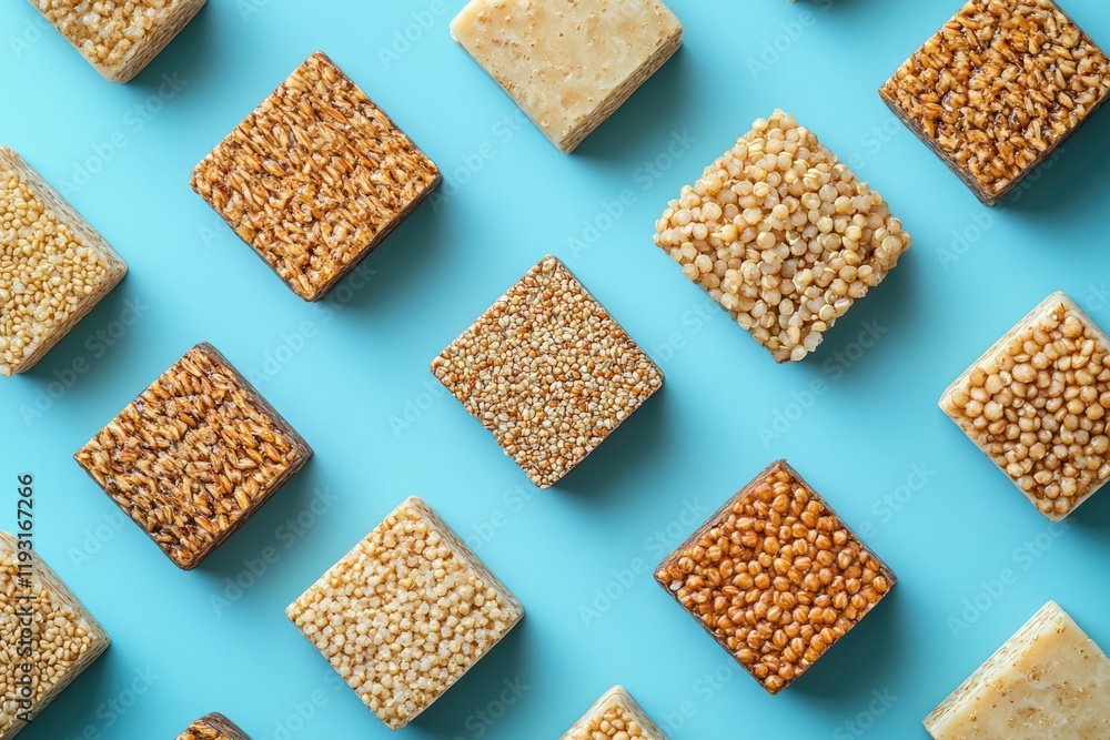 Poster modern minimalist layout featuring individual grains of farro and quinoa arranged in geometric patte