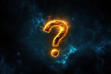 Naklejka premium A glowing question mark in a cosmic background, representing mystery and the search for knowledge in the universe.