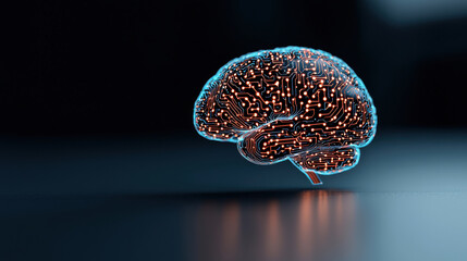 conceptual image of glowing human brain made of intricate circuits, symbolizing advanced technology and artificial intelligence. brain is illuminated against dark background, showcasing its