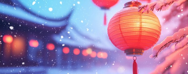 Obraz premium A serene winter scene featuring glowing red lanterns amidst gently falling snow, illuminating a traditional architecture setting.