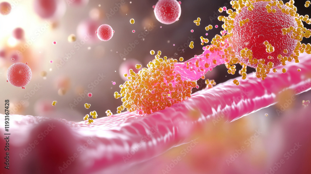 Leinwandbilder conceptual image of nanotechnology in biotechnology, showcasing cellular interactions and molecular 