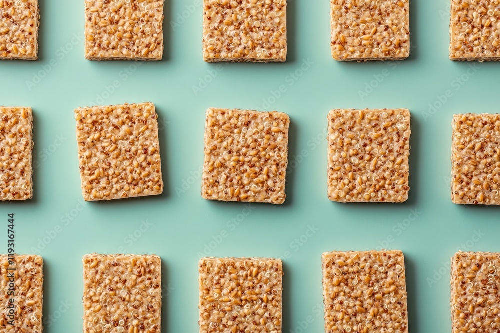 Poster modern minimalist layout featuring individual grains of farro and quinoa arranged in geometric patte