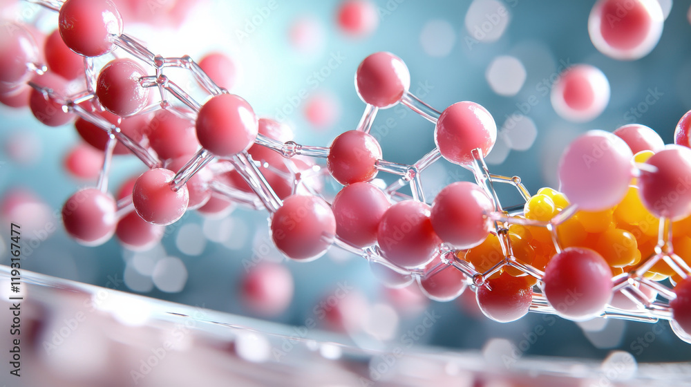Poster conceptual image of molecular structures showcasing nanotechnology and biotechnology. vibrant colors