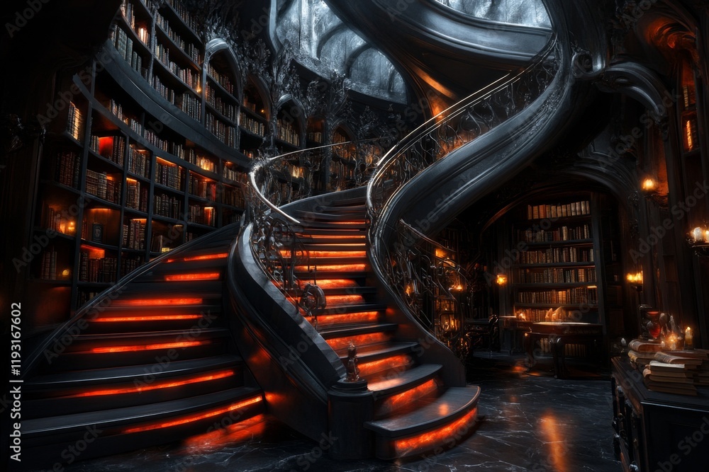 Poster a vampire's lair hidden in an ornate library, with secret passages and ancient tomes glowing with fa